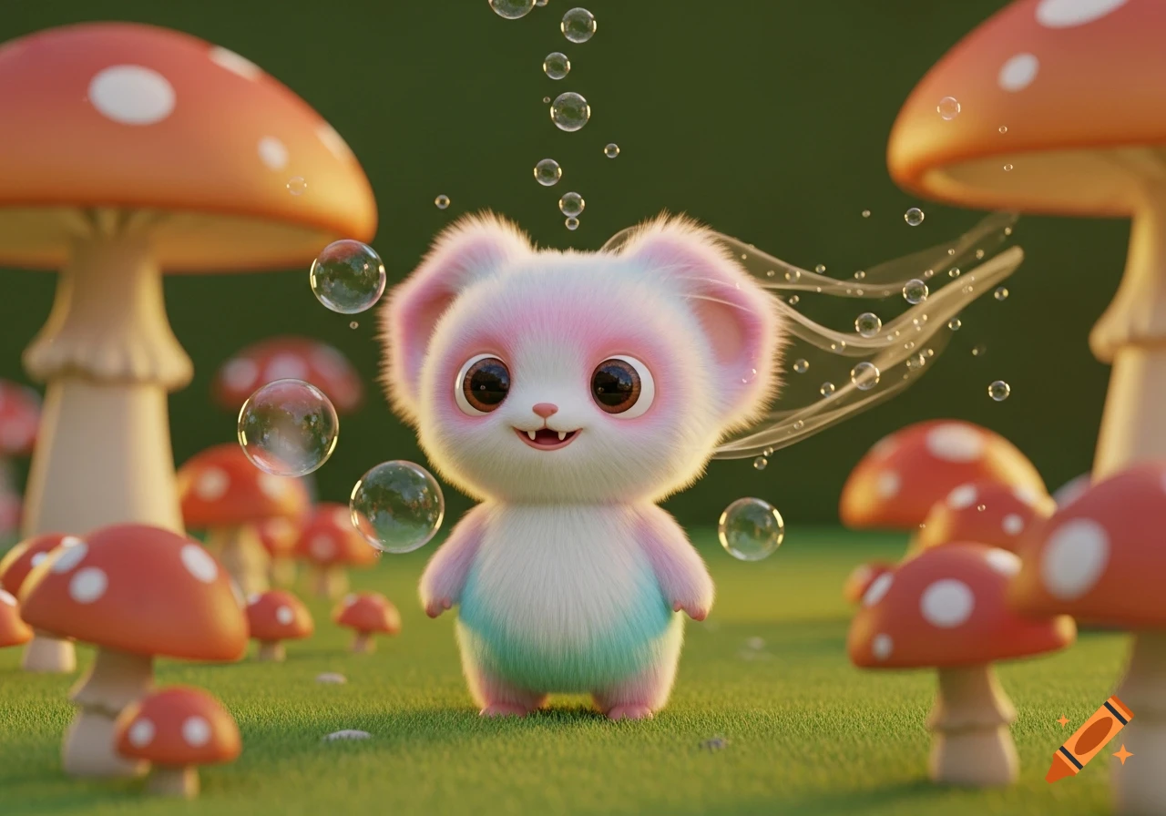 A fluffy, pink and blue kawaii creature stands smiling amidst bubbles and mushrooms in a whimsical 3D rendering.