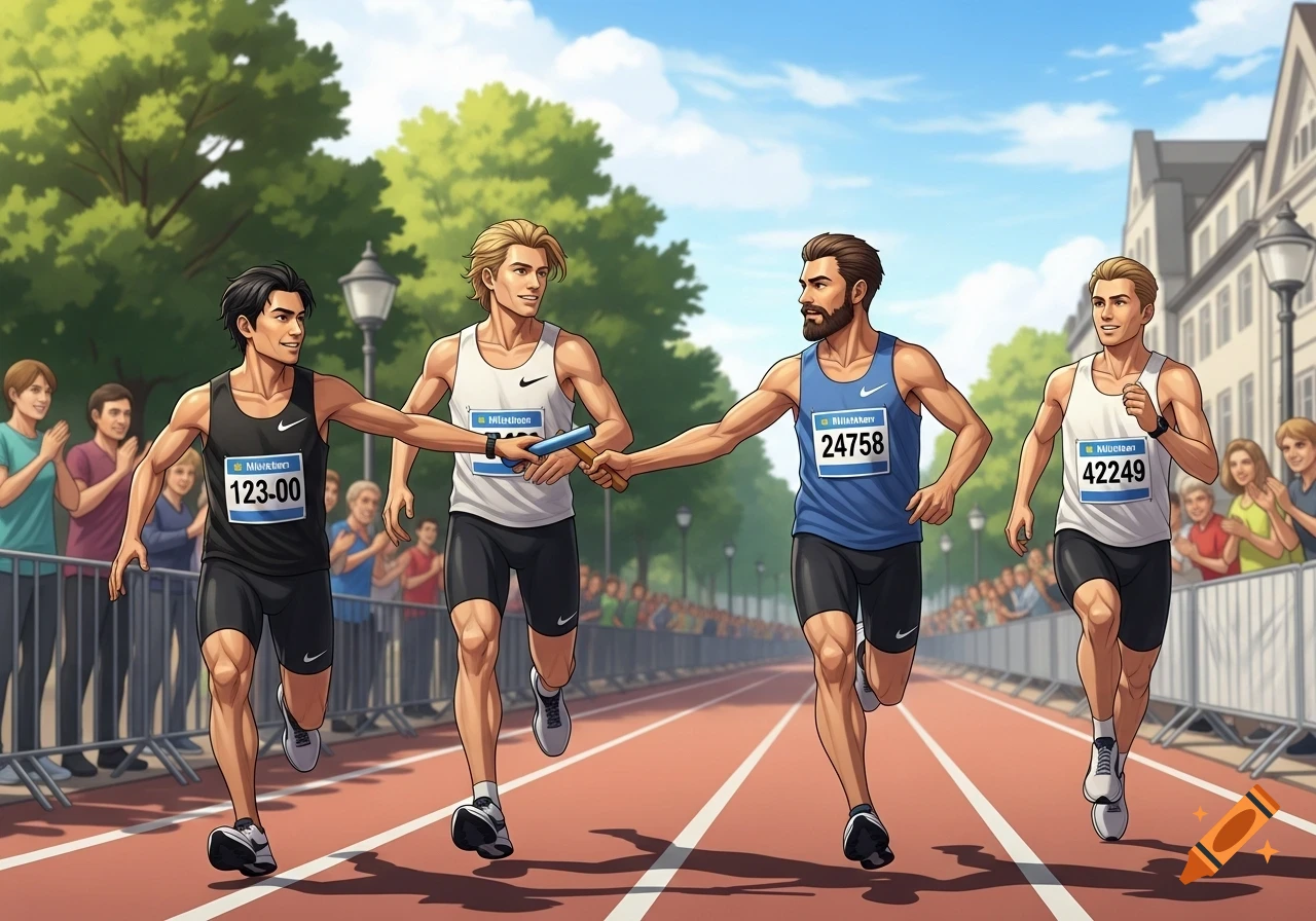 Four male runners in a relay race on a track, passing a baton. They wear athletic tank tops and shorts in a cartoon style.