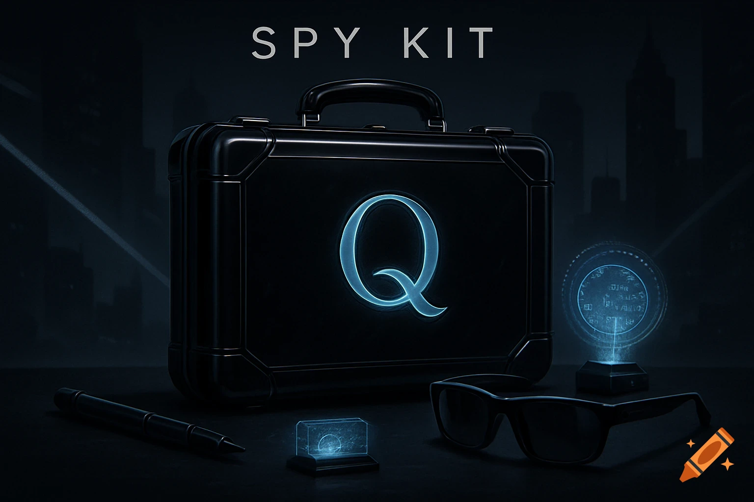 A black spy kit for Agent Q featuring a briefcase with a glowing blue 'Q', sunglasses, a pen, and holographic gadgets.
