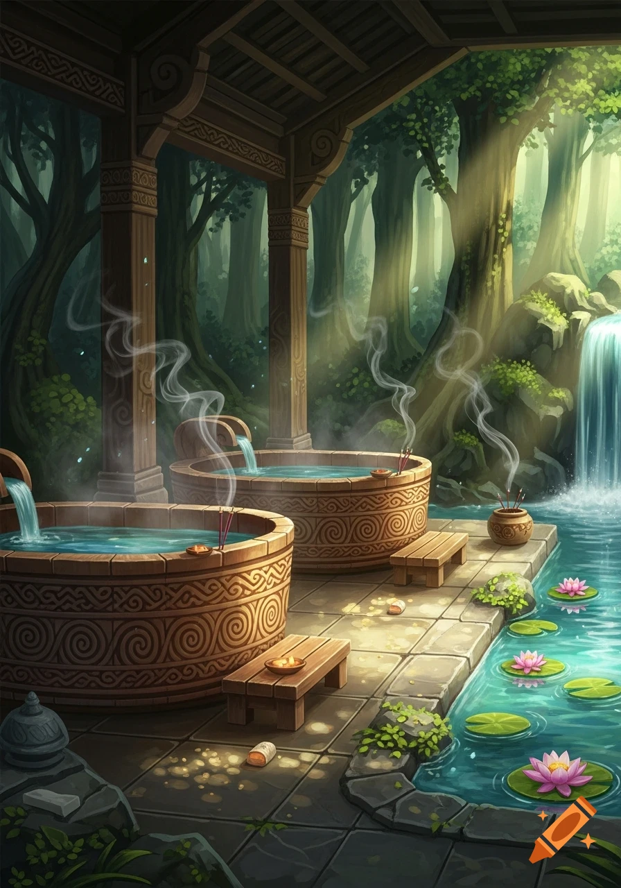 Fantasy illustration of a serene forest bathhouse with steaming wooden tubs, a waterfall, and lotus flowers.