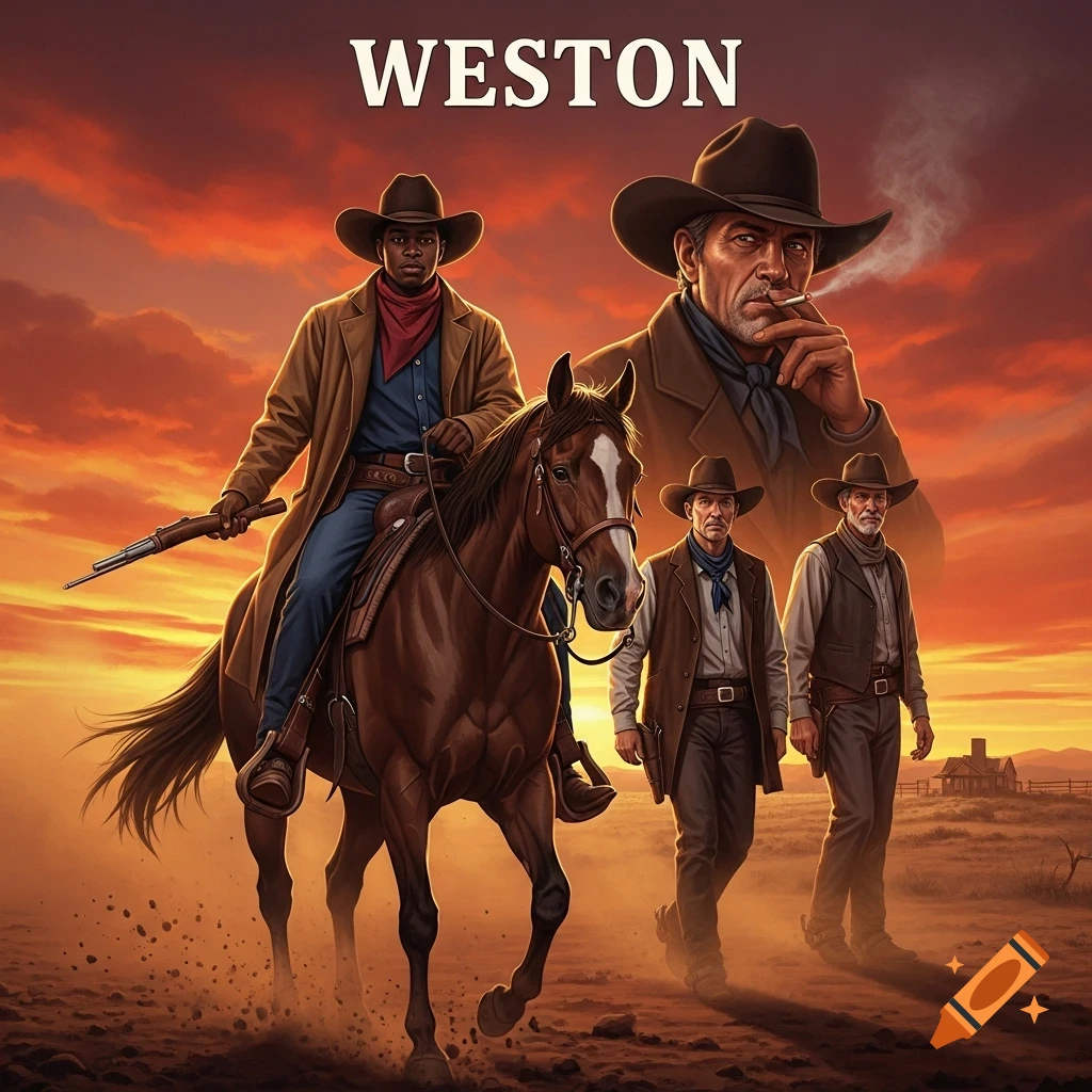 Illustration of a young Black cowboy on horseback with a rifle, and other cowboys in a dramatic Texas sunset desert landscape, with the name WESTON at the top.