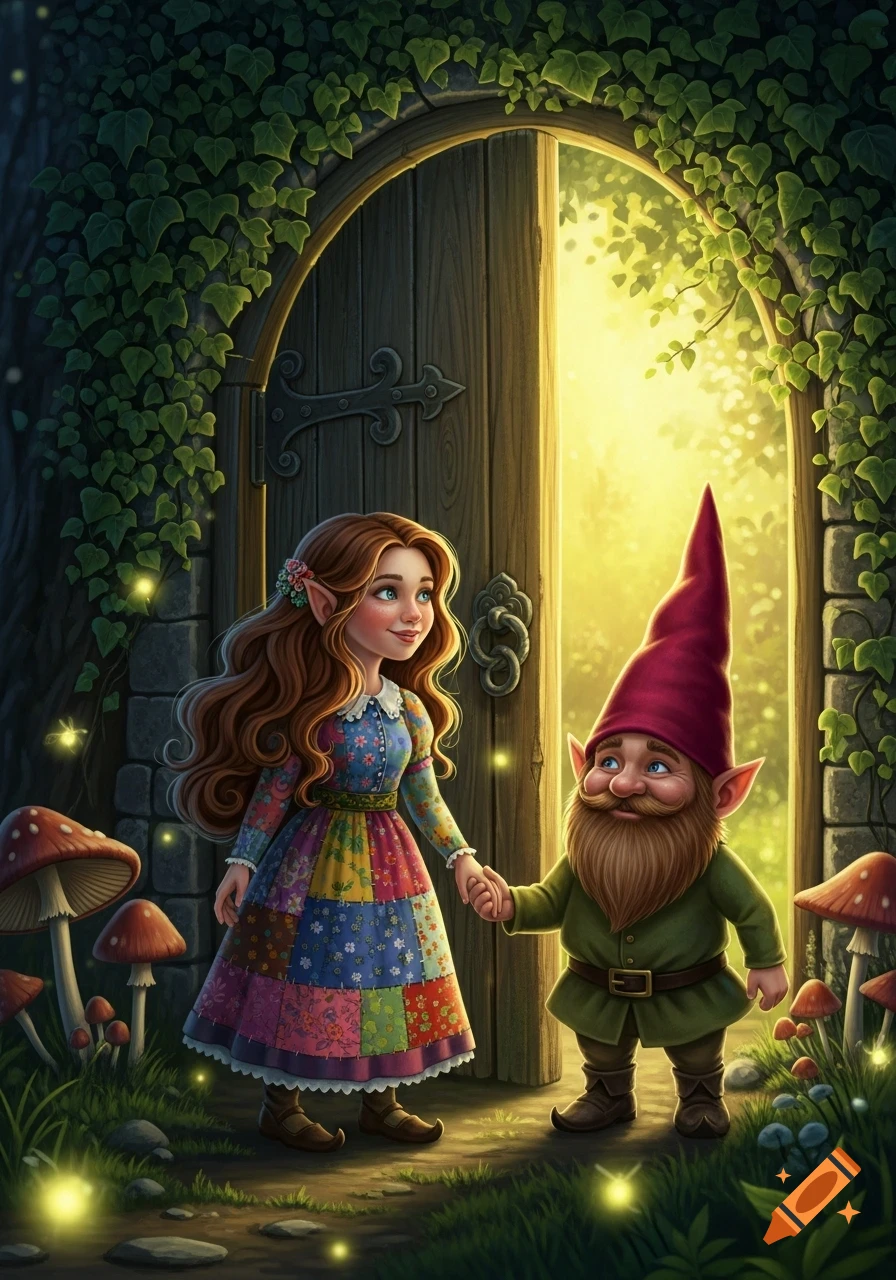 A whimsical illustration of a brown-haired girl with pointy ears and a patchwork dress holding hands with a bearded gnome in a red hat, standing before a glowing magical arched doorway in an enchanted forest.