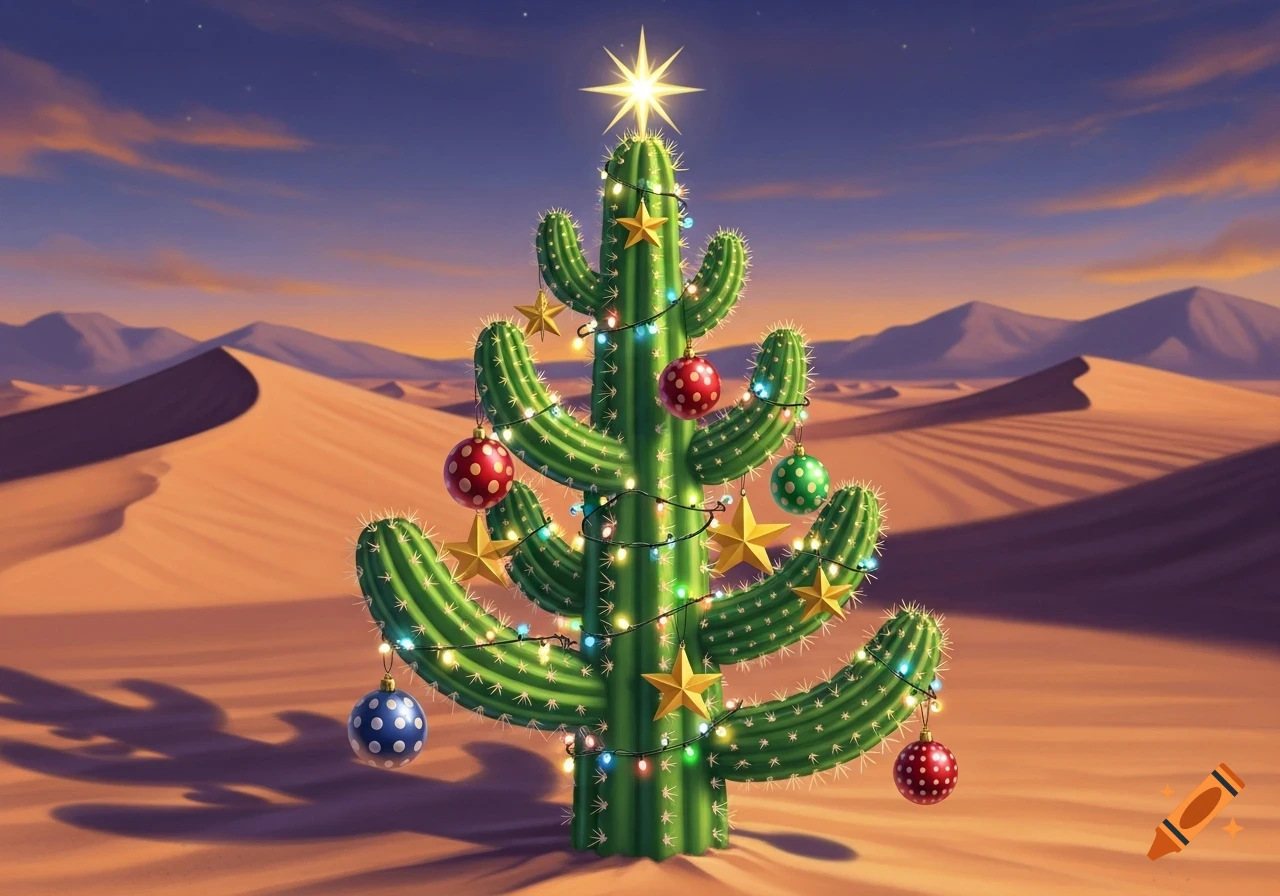 A vibrant green cactus, adorned with colorful Christmas lights, red and blue polka-dot ornaments, and gold stars, stands in a vast, sunlit desert with sand dunes and mountains under a twilight sky.