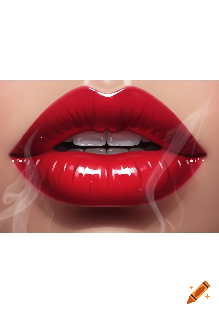 Close-up of glossy red lips with white smoke curling around the corners.