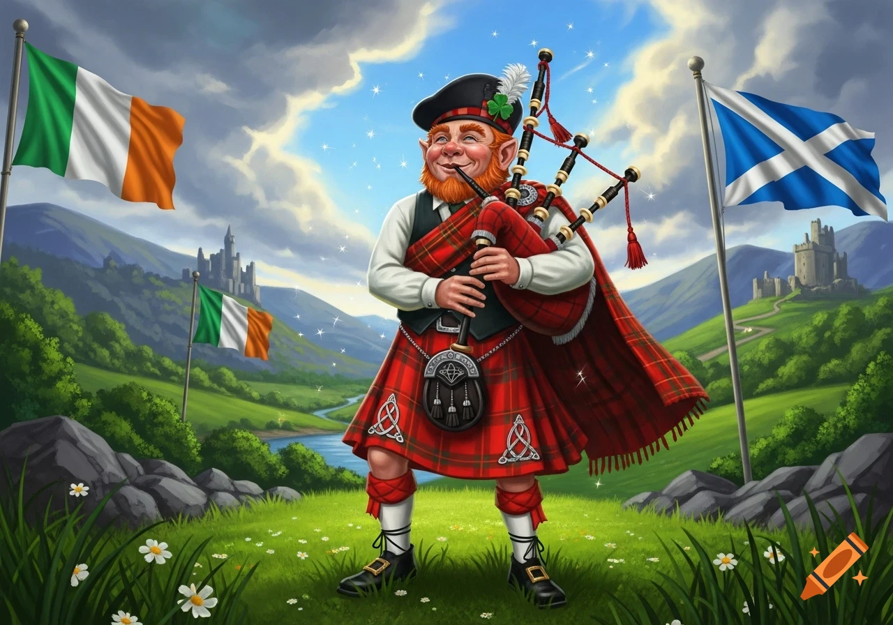 A cheerful leprechaun in a red kilt plays bagpipes in a lush green valley with Irish and Scottish flags flying near castles.