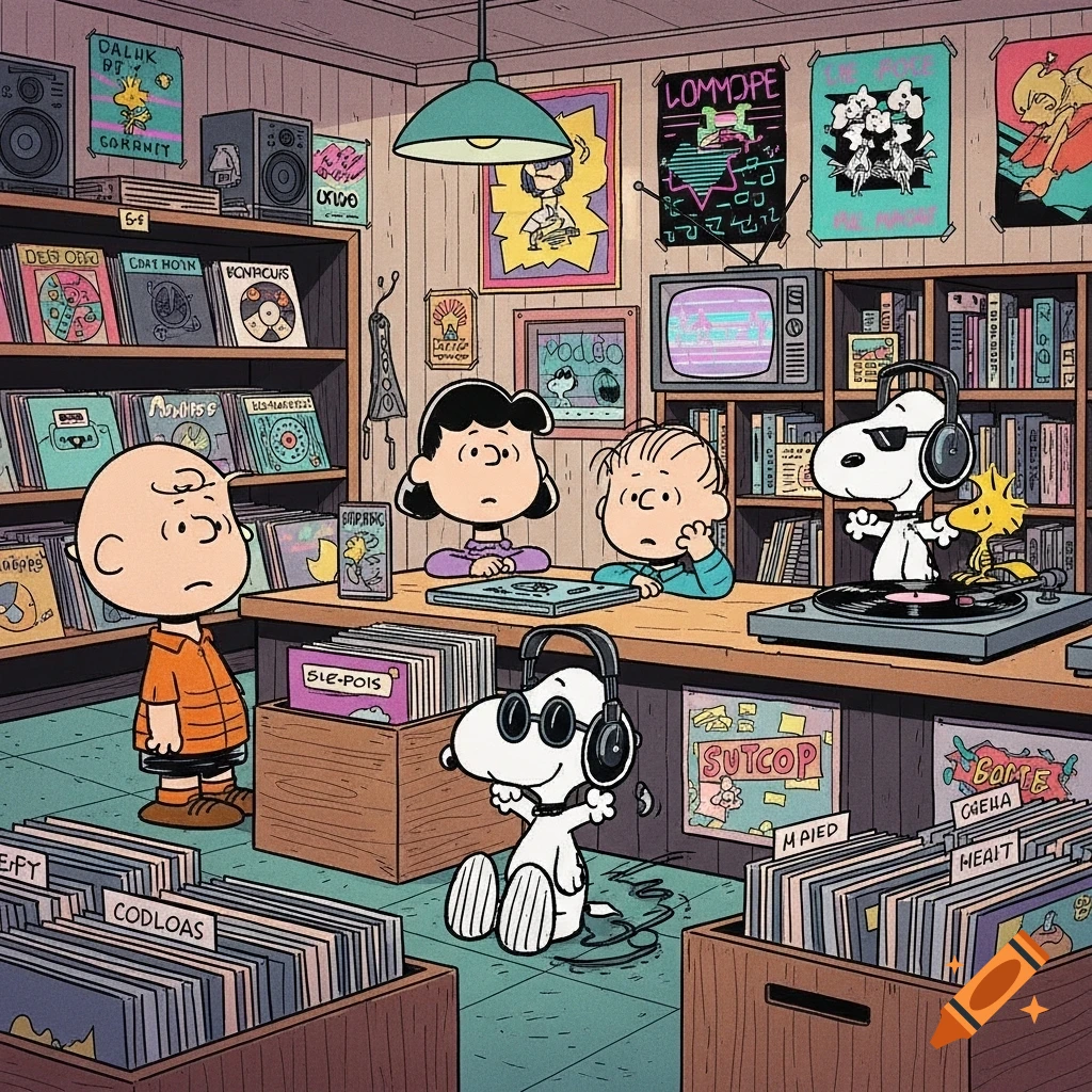 Classic Peanuts characters in a detailed 1980s record store. Charlie Brown stands, Snoopy with sunglasses and headphones, Lucy leans, Woodstock on a turntable.