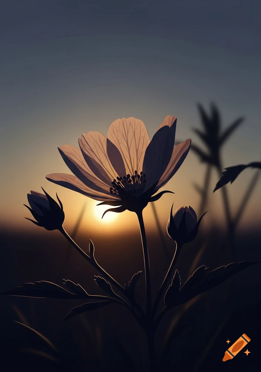A stylized silhouette of a flower and two buds backlit by a setting sun against a fading dusk sky.