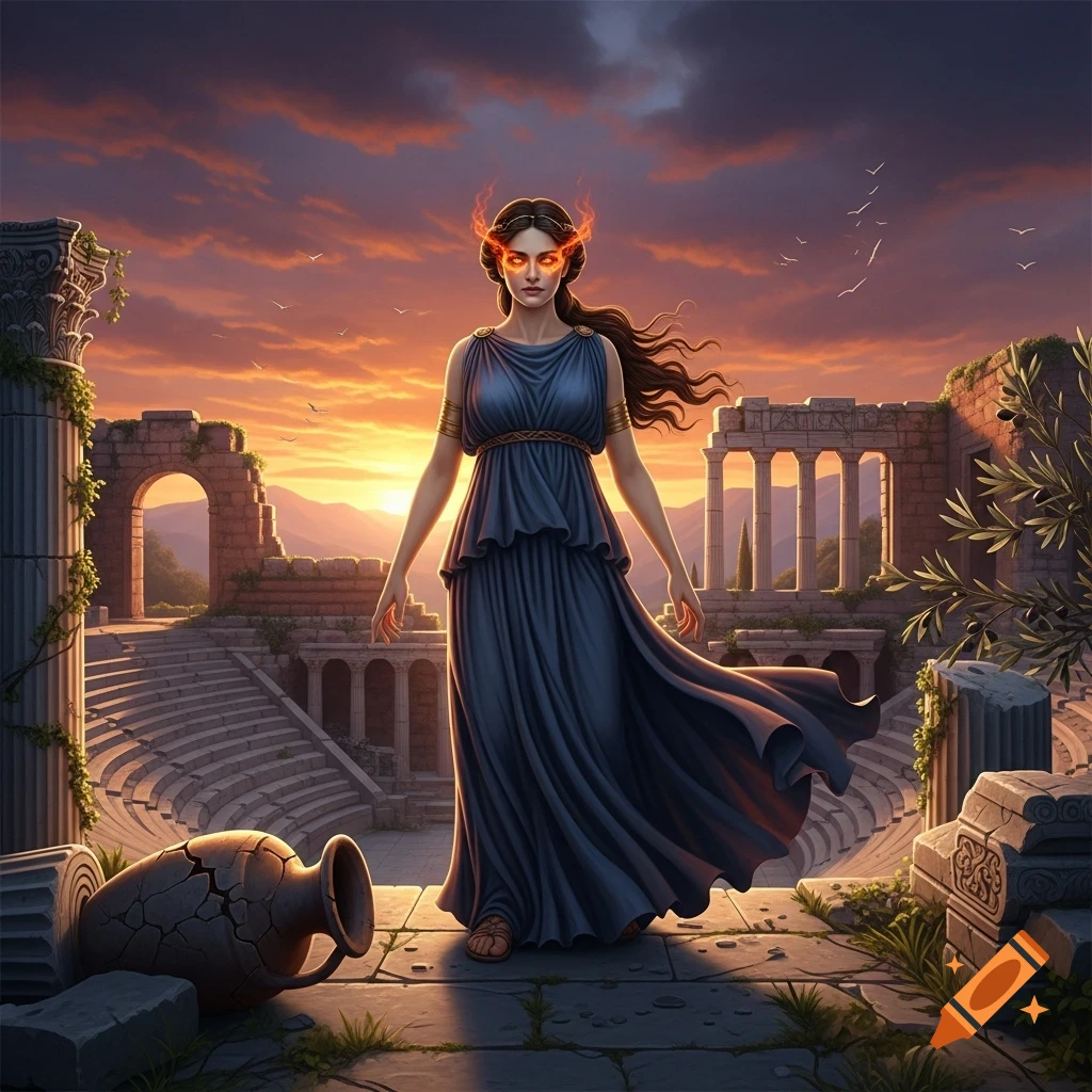 A regal woman with glowing, fiery eyes and hair in a dark flowing dress stands amidst ancient Greek ruins at sunset, digital art.