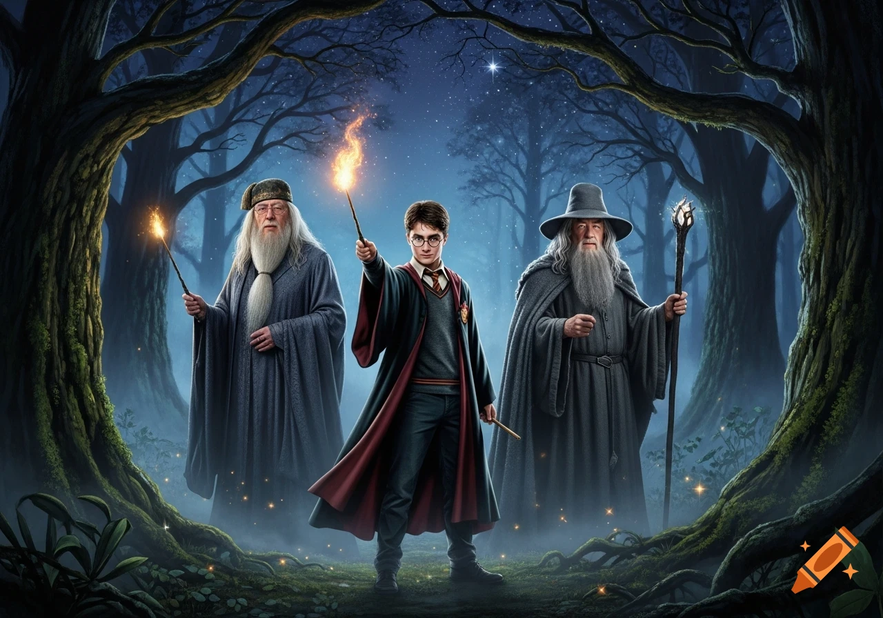 Harry Potter stands between Dumbledore and Gandalf in a dark, magical forest, all holding glowing wands/staffs.