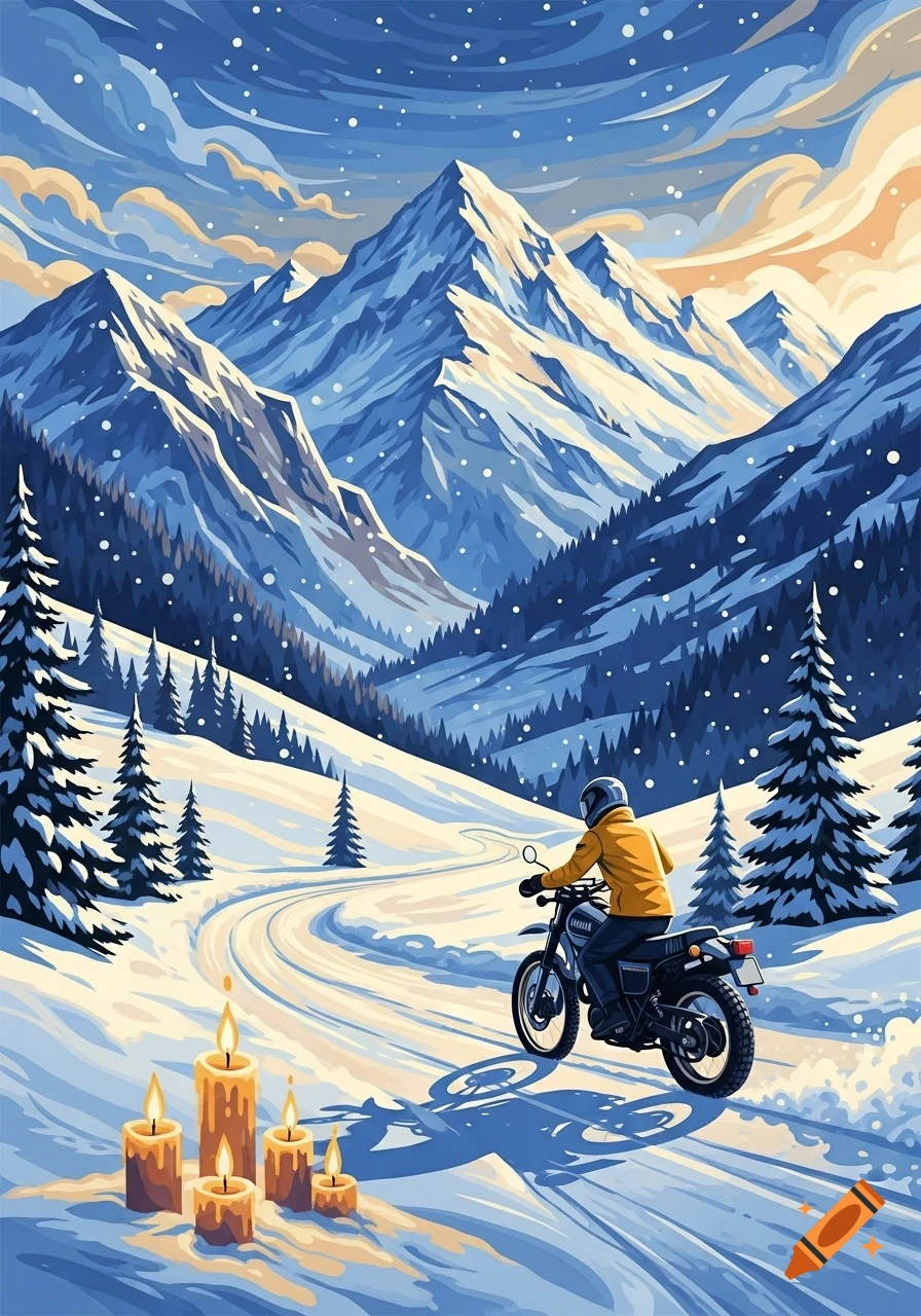 Stylized painting of a person on a motorcycle on a winding snowy mountain road, with lit candles in the foreground.