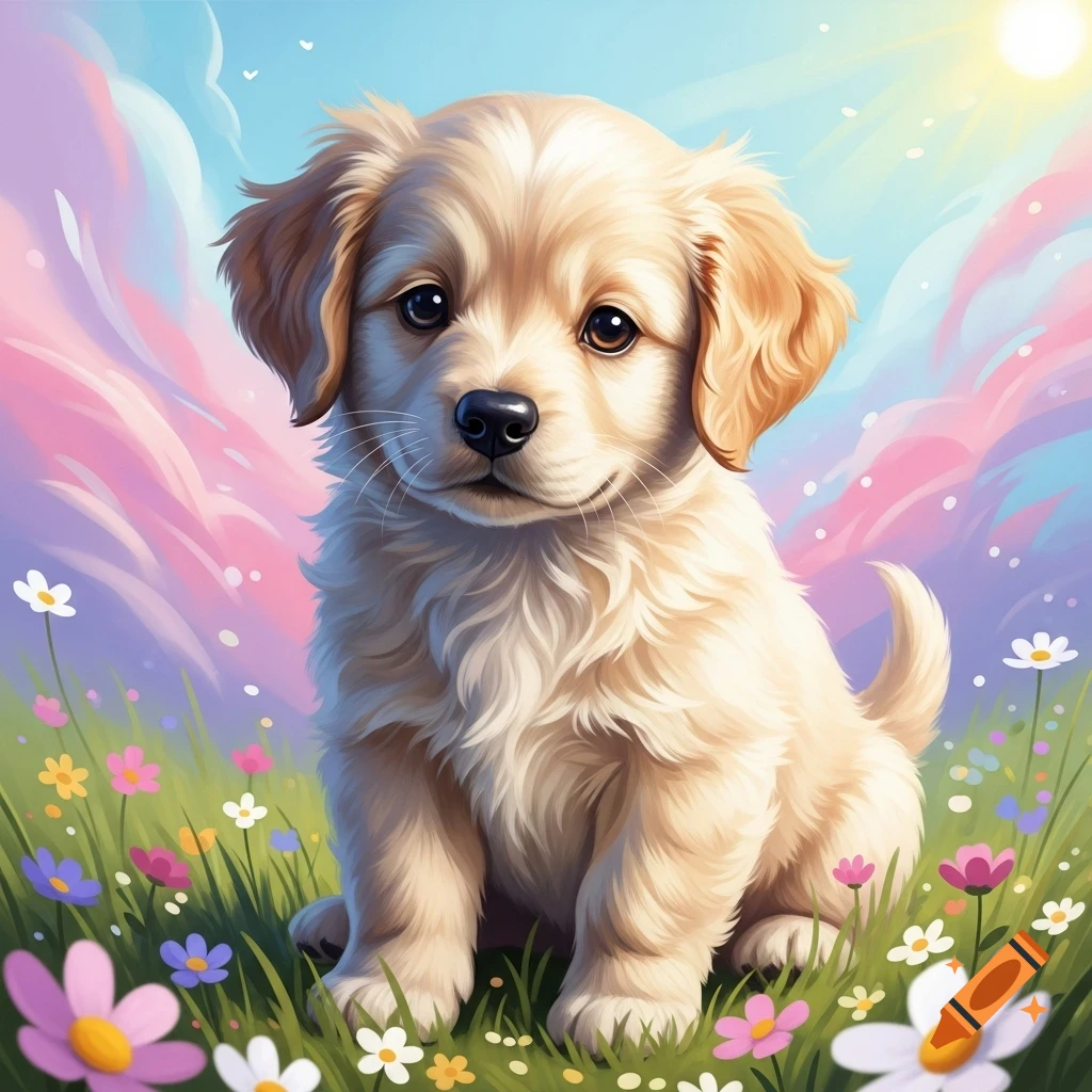 A fluffy golden retriever puppy sits in a vibrant field of colorful flowers under a pastel sky.