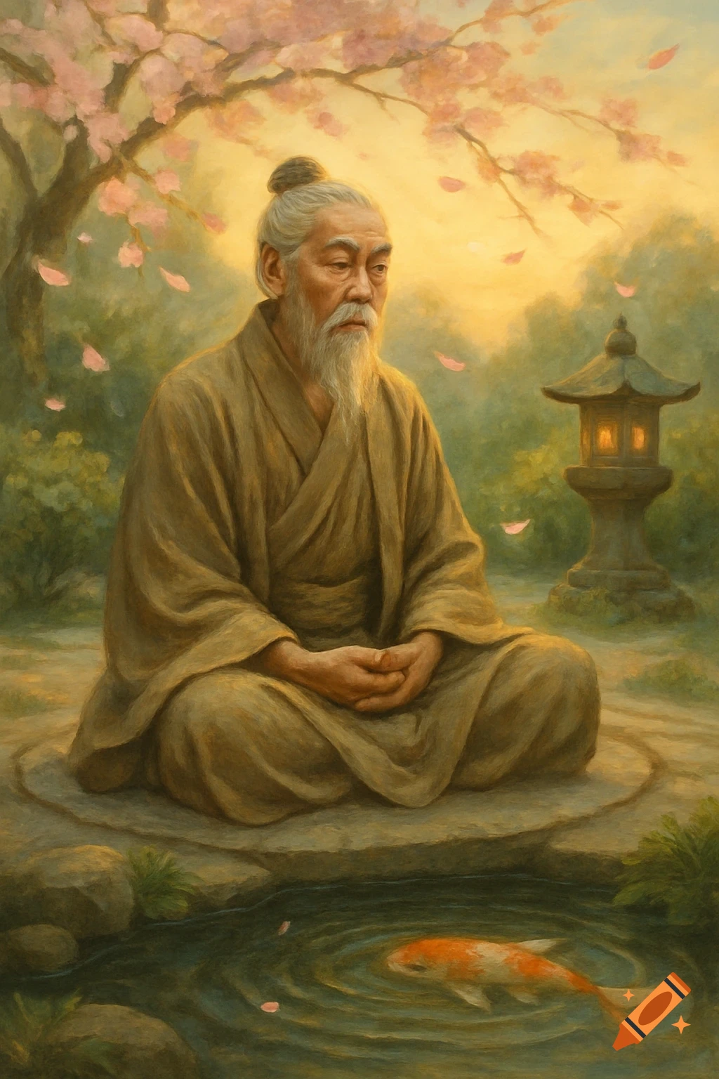 An old man with a white beard meditates in a serene Japanese garden under a cherry blossom tree, with a koi pond and stone lantern. Painterly.