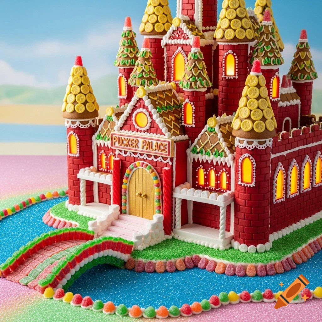 A realistic, detailed gingerbread castle with red walls, yellow roofs, candy windows, a sour-candy moat, and a watermelon candy bridge.
