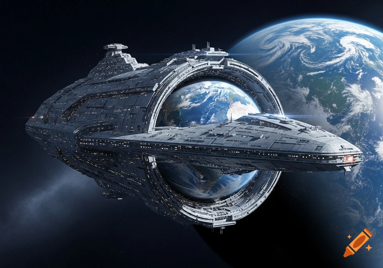 A colossal futuristic spaceship with a circular opening, through which a detailed Earth is visible, orbits against a starry backdrop.