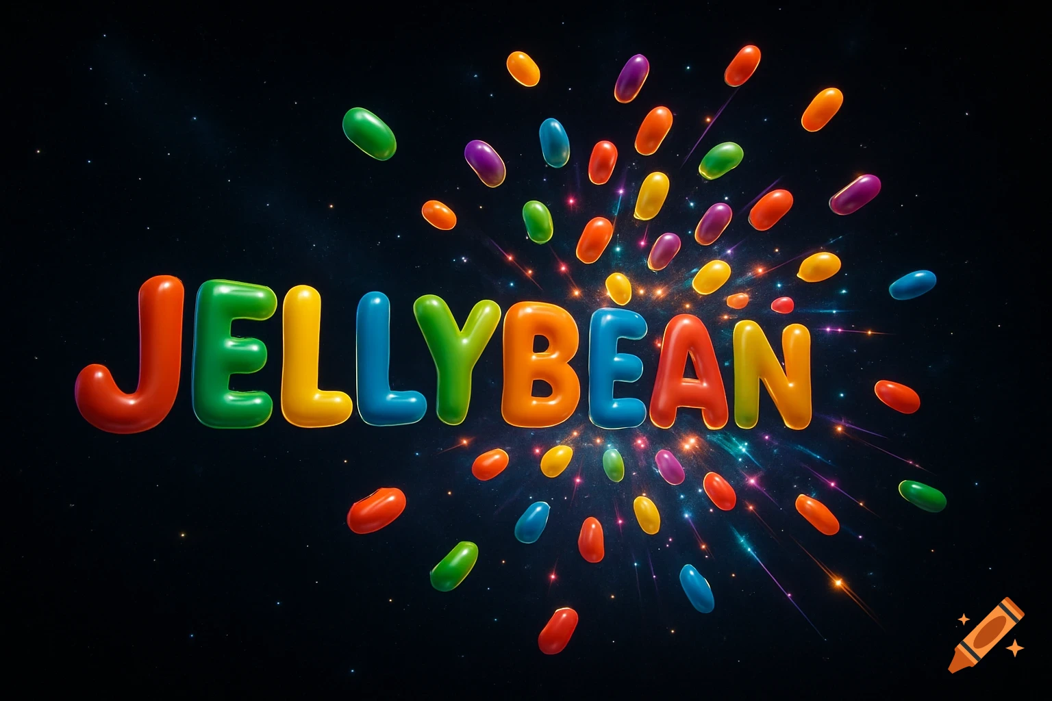 Shiny multicolored candy letters spelling 'JELLYBEAN' in dark starry space with an explosion of colorful jellybean candies and light trails.