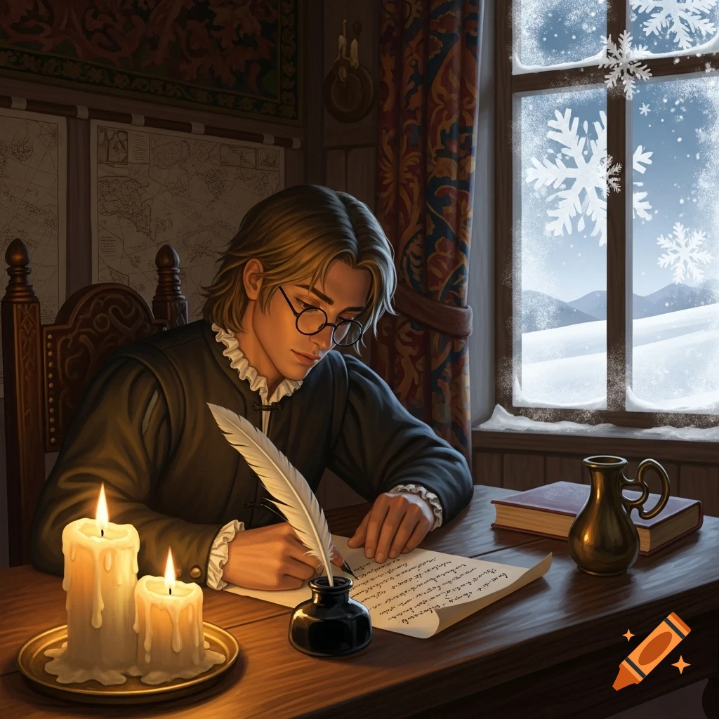 A young man with blonde hair and glasses writes with a quill at a candlelit desk in a historical room, while snow falls outside a window.