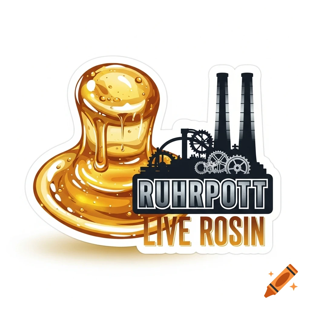 Sticker featuring golden dripping live rosin next to a black industrial factory silhouette with gears, and text 'RUHRPOTT LIVE ROSIN'.
