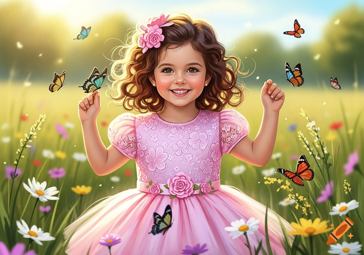 A smiling young girl in a pink dress with flowers in her hair, surrounded by colorful butterflies in a sunny field of wildflowers.