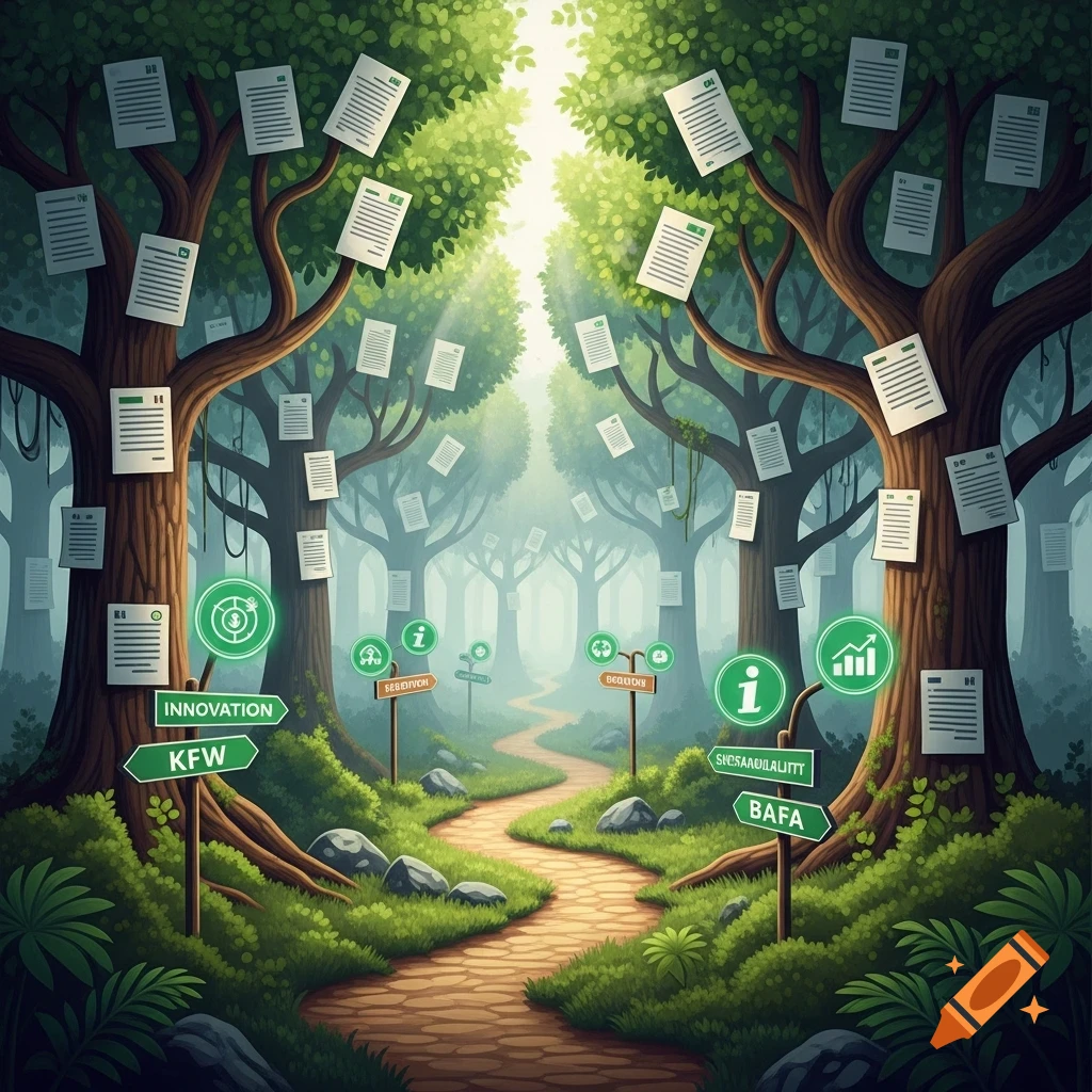 A whimsical forest path leading into a misty distance. Trees are covered in numerous documents, and green signs with arrows point to various terms like 'INNOVATION', 'KFW', and 'BAFA', representing a 'funding jungle'.