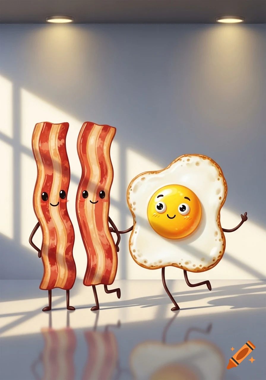 Two happy cartoon bacon strips and a fried egg with legs and faces walk together in a bright, sunlit room.