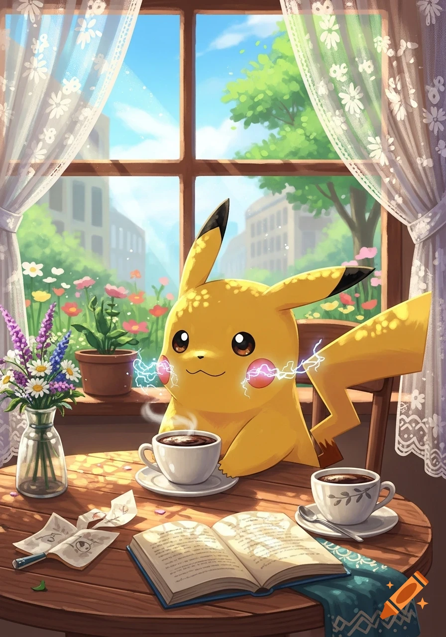Pikachu sits at a wooden table with two cups of coffee, an open book, and flowers, looking out a window.