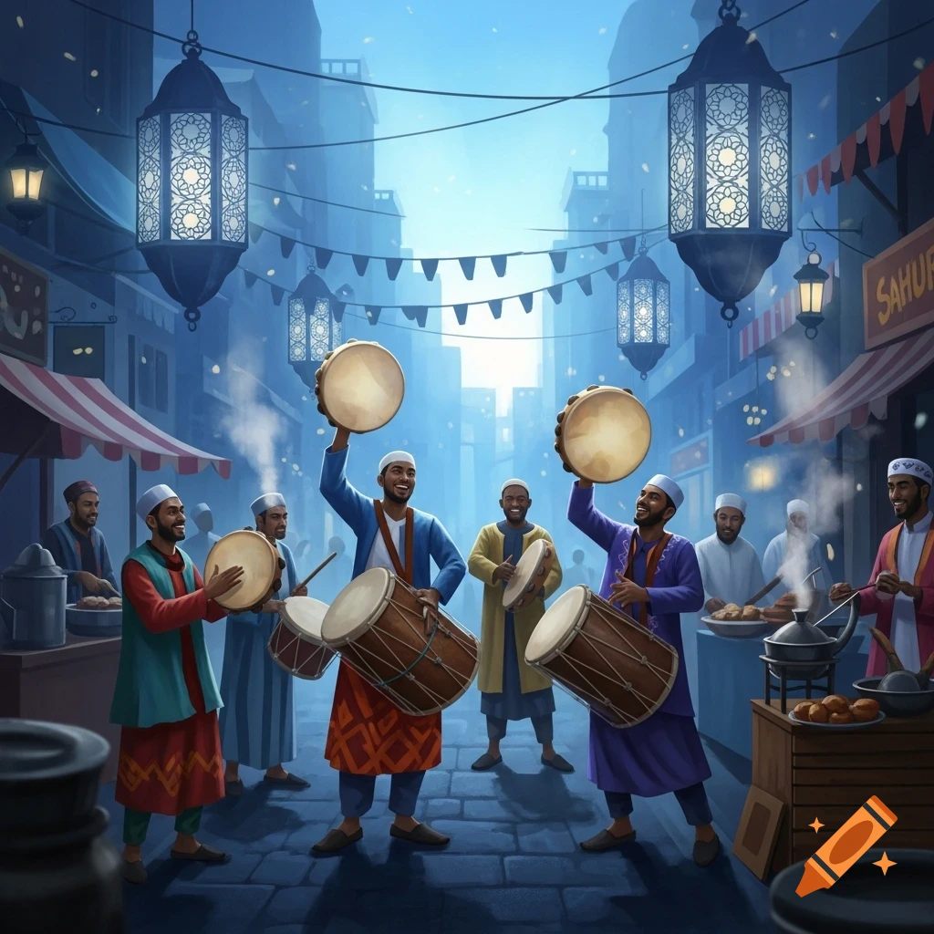 Men in traditional attire play drums in a vibrant, illuminated street market at night, celebrating Sahur.