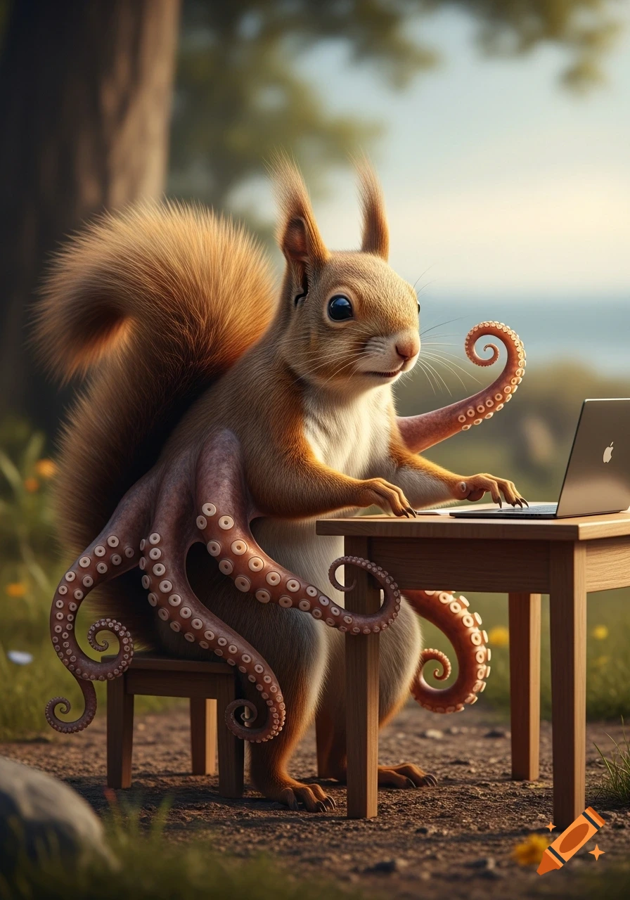 Photorealistic squirrel-octopus hybrid typing on a laptop at a wooden desk in a forest.