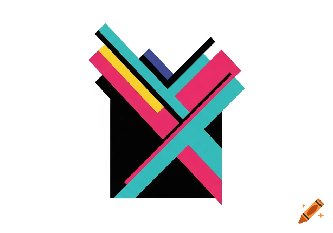 Abstract geometric composition with overlapping black, pink, teal, yellow, and blue shapes on a white background.