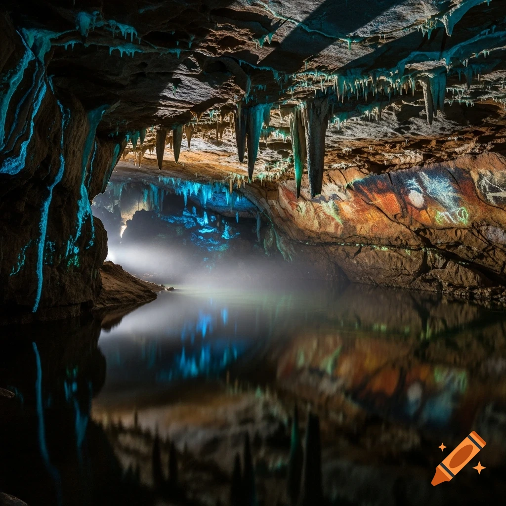 Photorealistic view inside a dark cave with a luminous underground lake reflecting blue-green stalactites and ancient cave paintings.