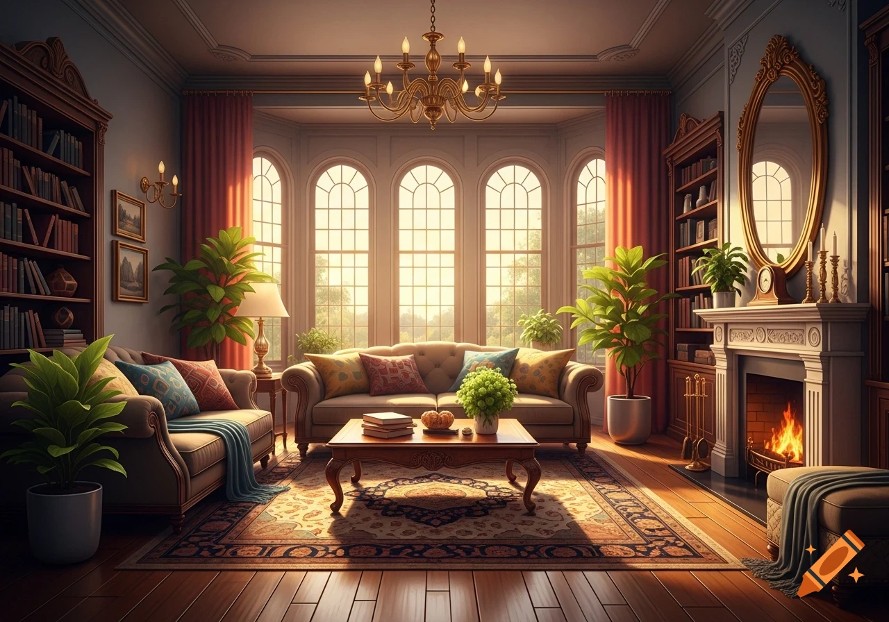 A luxurious living room with a large bay window, fireplace, sofas, bookshelves, and plants, bathed in warm sunlight.