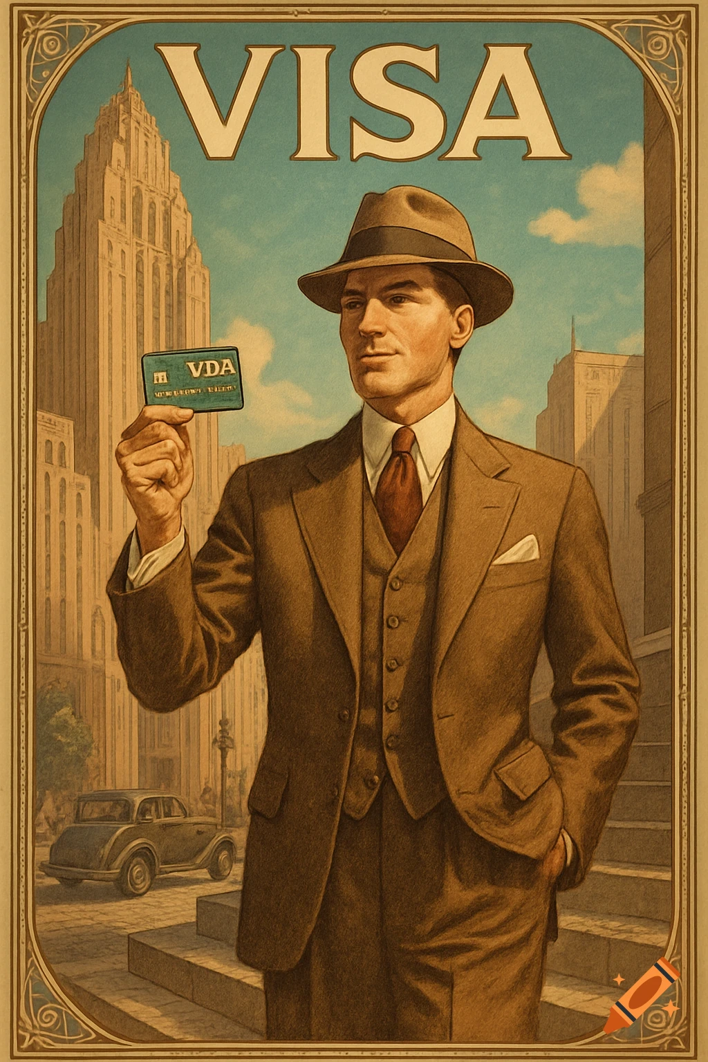 A vintage 1930s style illustration of a man in a brown suit and fedora holding a credit card in a city street.