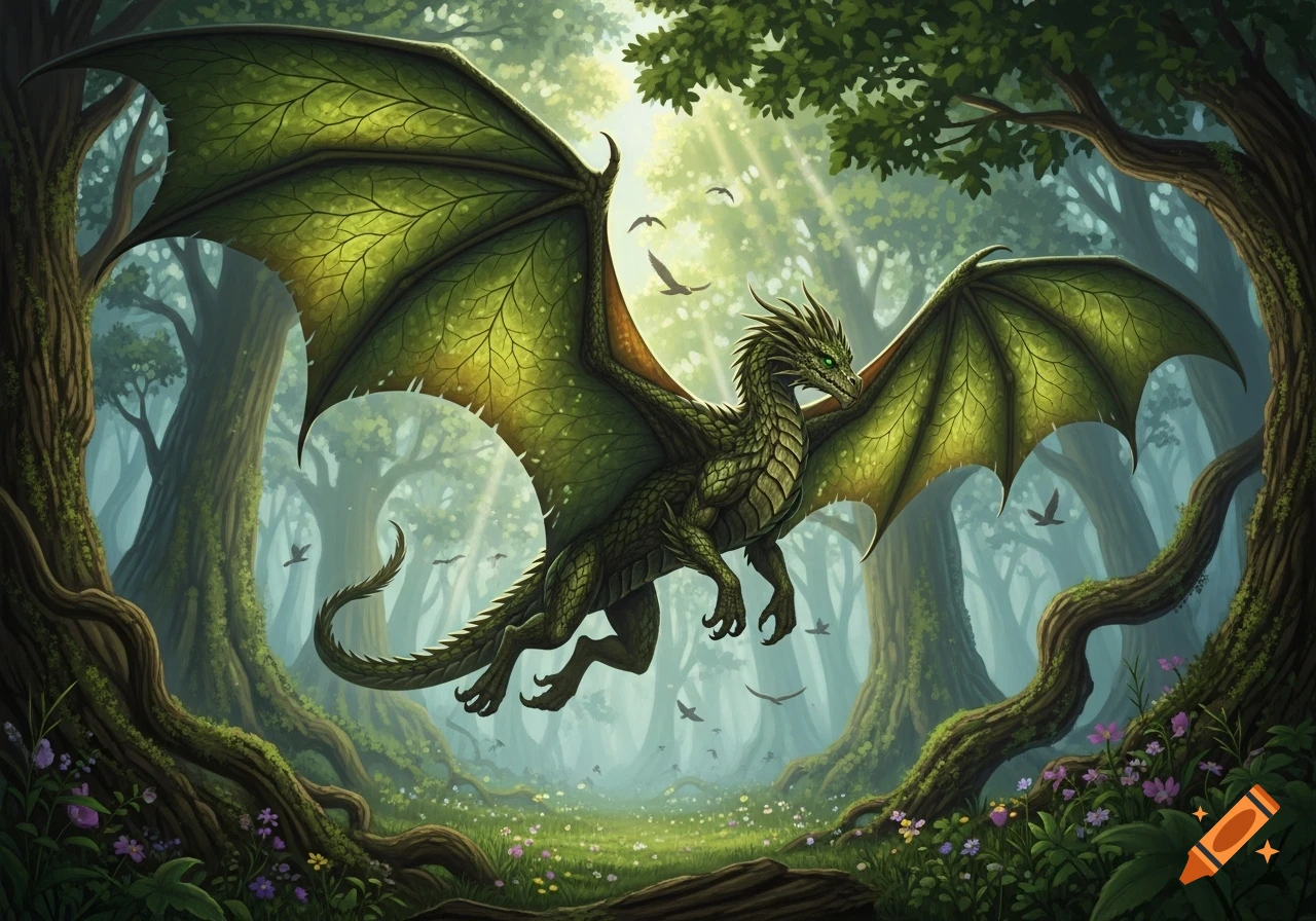 A majestic green dragon with leaf-like wings flies through a sunlit ...