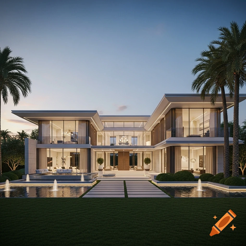 Photorealistic view of a modern mansion with large windows, illuminated interiors, water features, and palm trees at dusk.