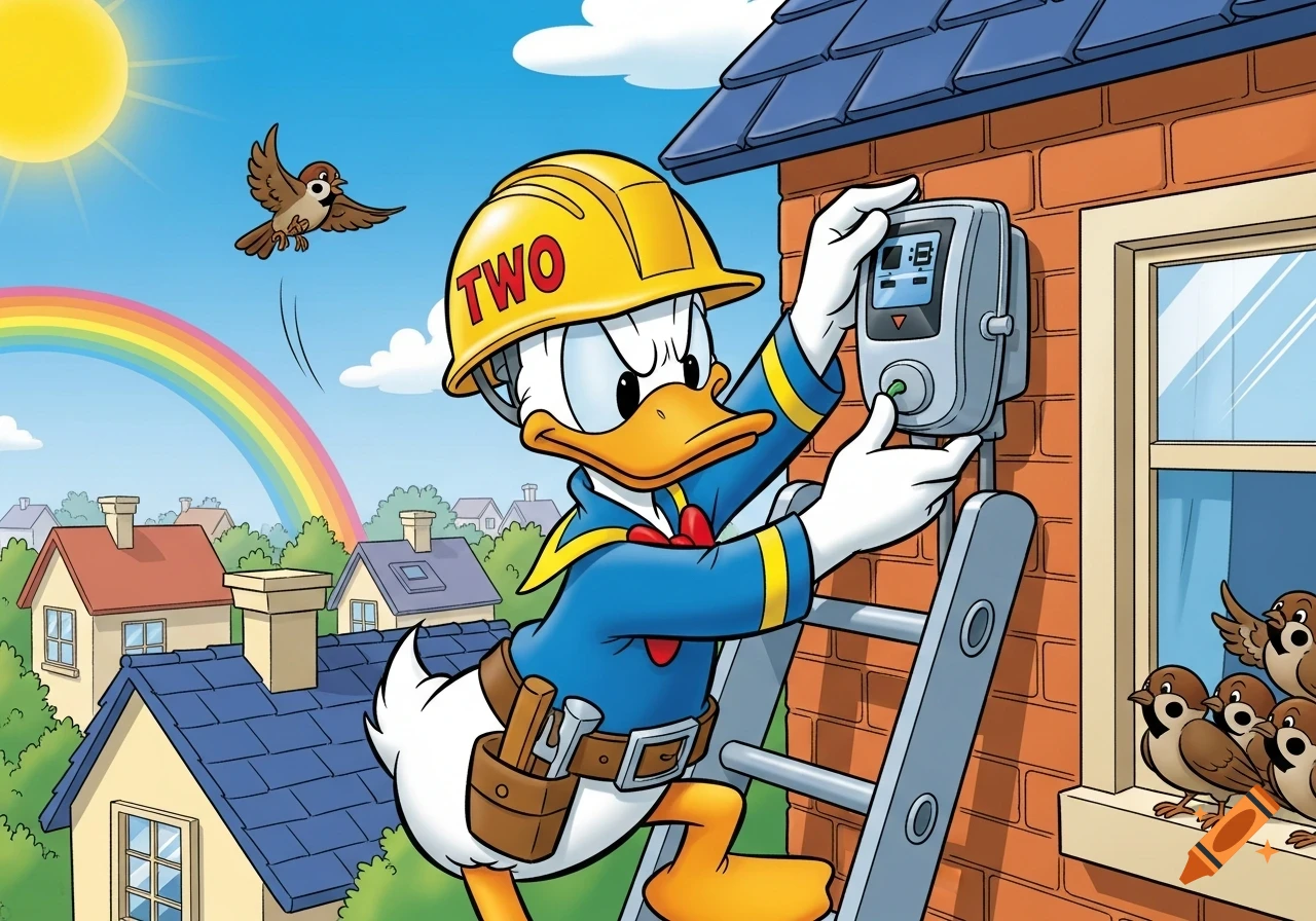 Donald Duck as a cartoon repairman on a ladder, installing a smart meter with 'TWO' on his helmet. A bird flies past a rainbow above houses.