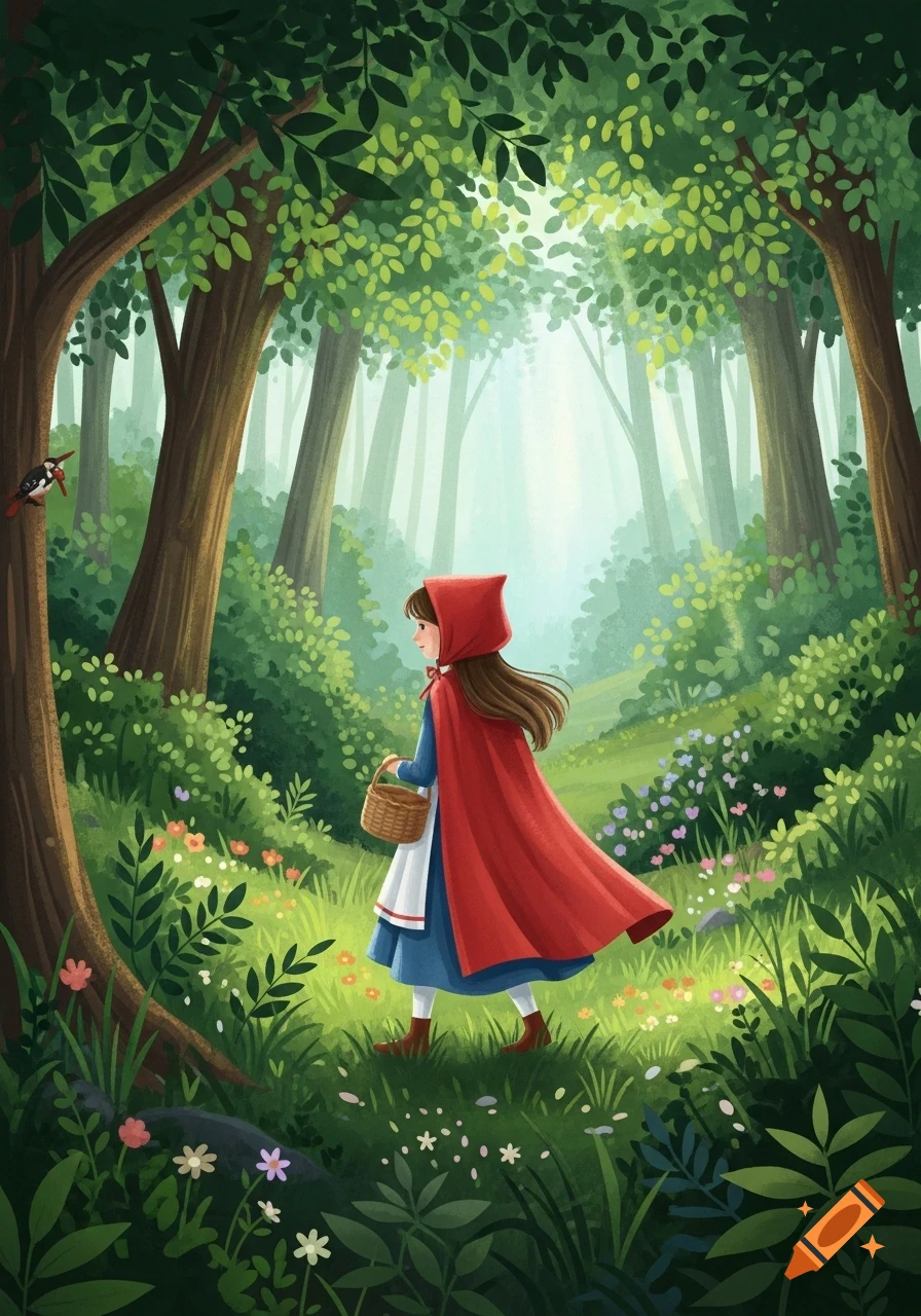 A storybook illustration of Little Red Riding Hood in a red cloak and carrying a basket, walking through a sunlit, vibrant green forest.