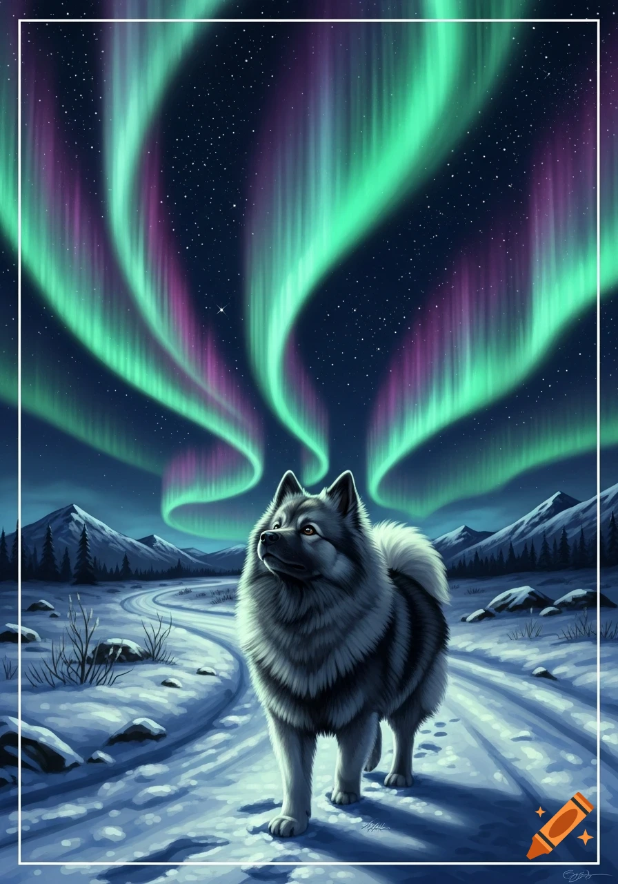 A majestic Keeshond dog stands on a snowy path, looking up at the vibrant green and purple Northern Lights in a winter mountain landscape.