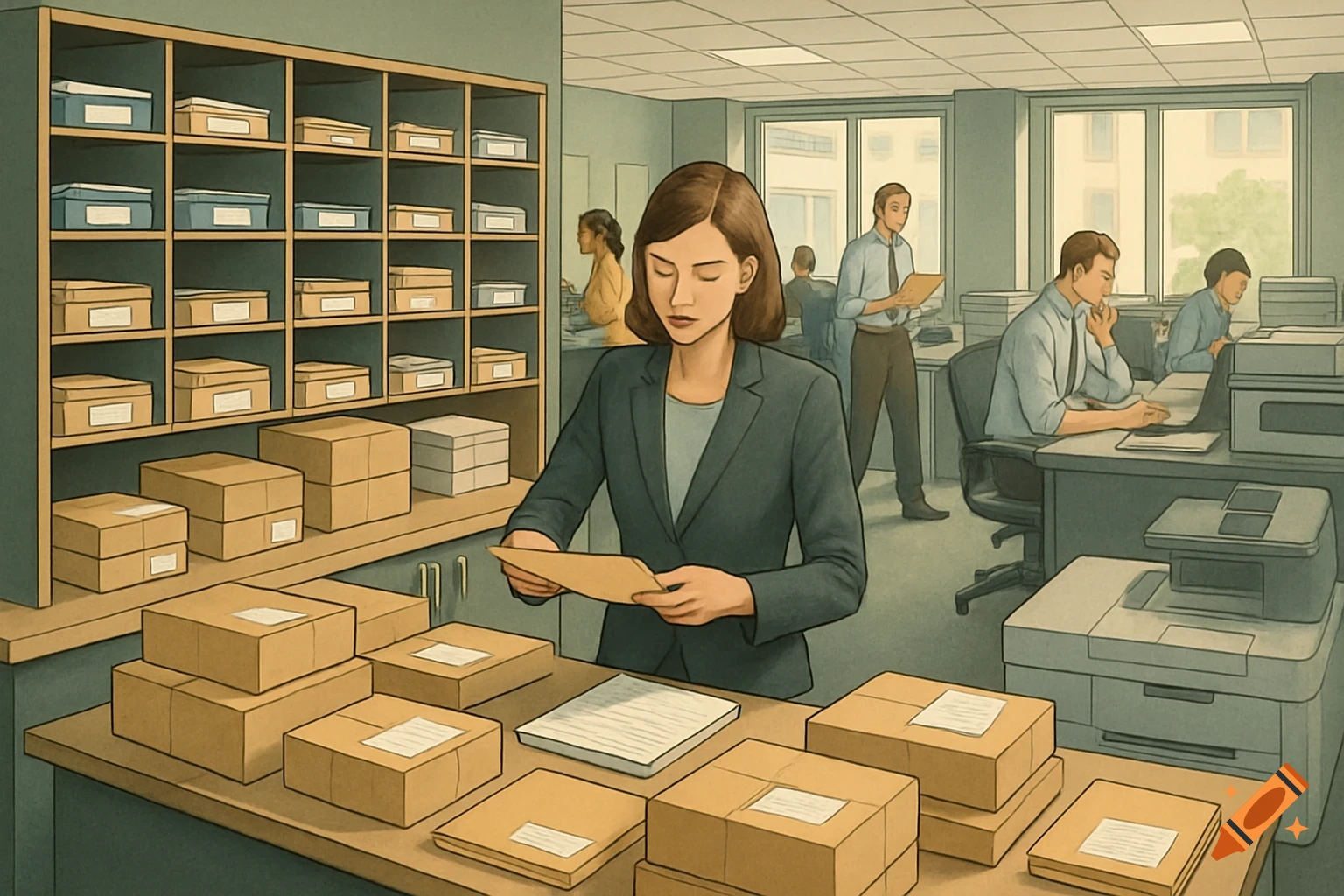 An office scene with a woman sorting mail and packages, while other workers are visible in the background.