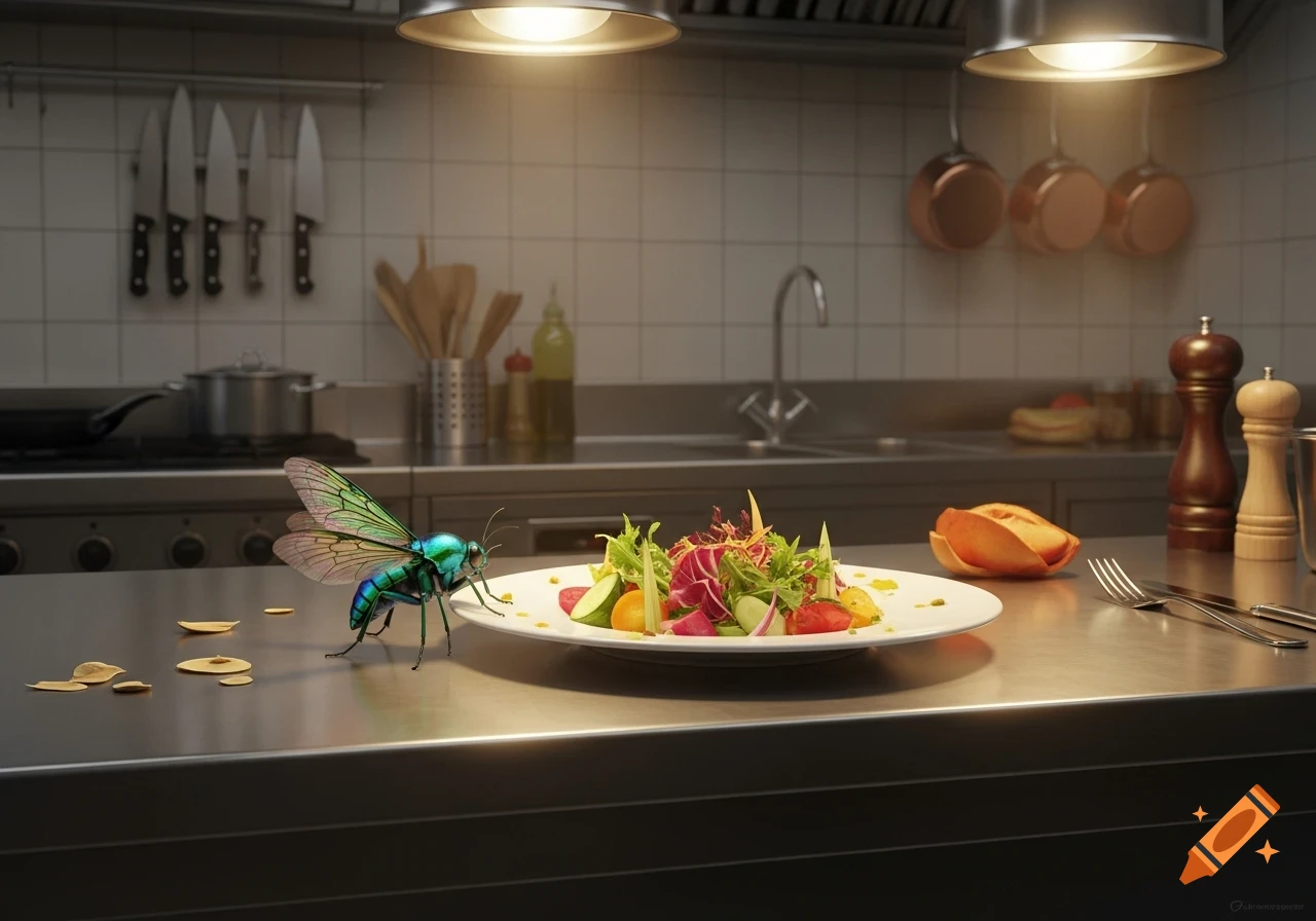 A large, iridescent blue and green insect stands on a stainless steel kitchen counter next to a fresh salad on a white plate, in a brightly lit professional kitchen.
