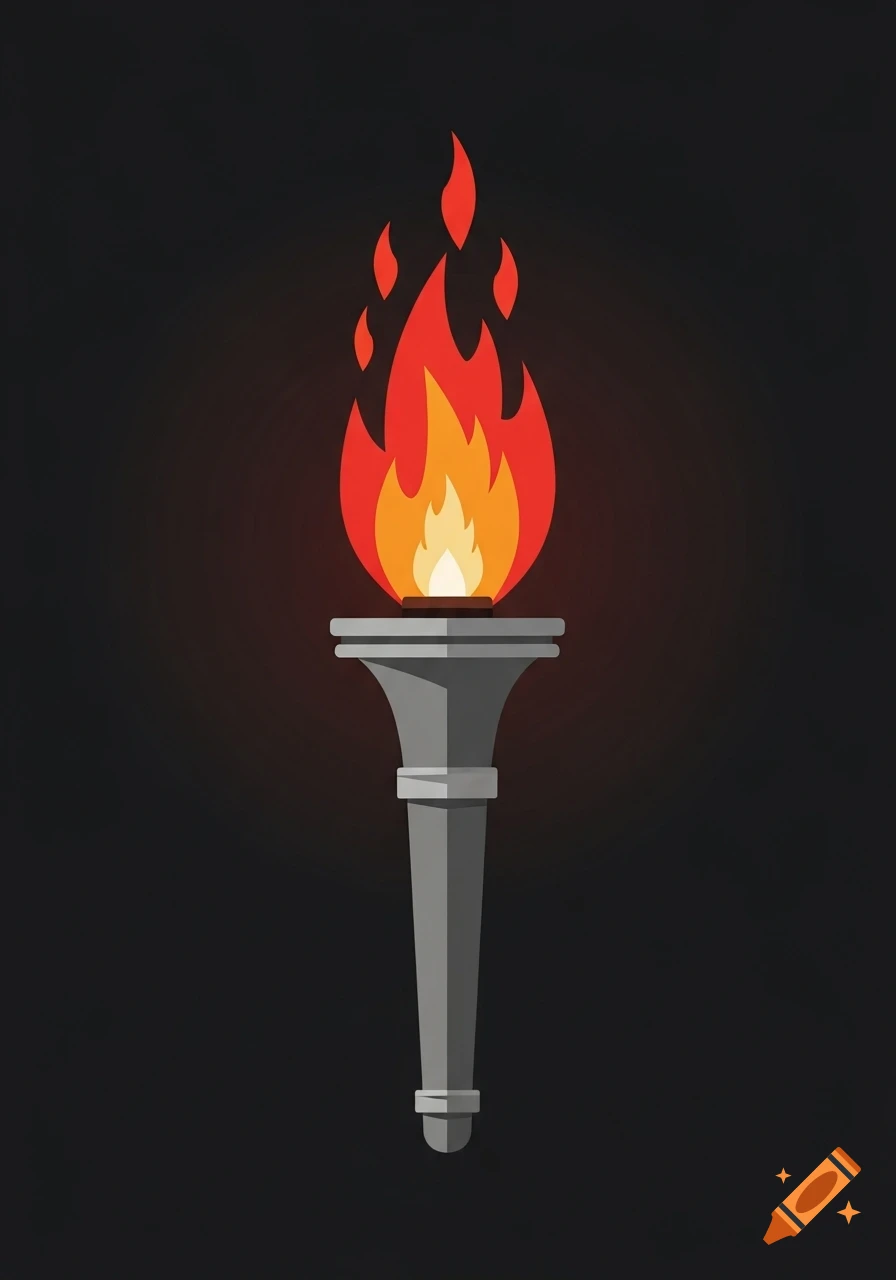A stylized illustration of a lit torch with red and orange flames against a dark background.