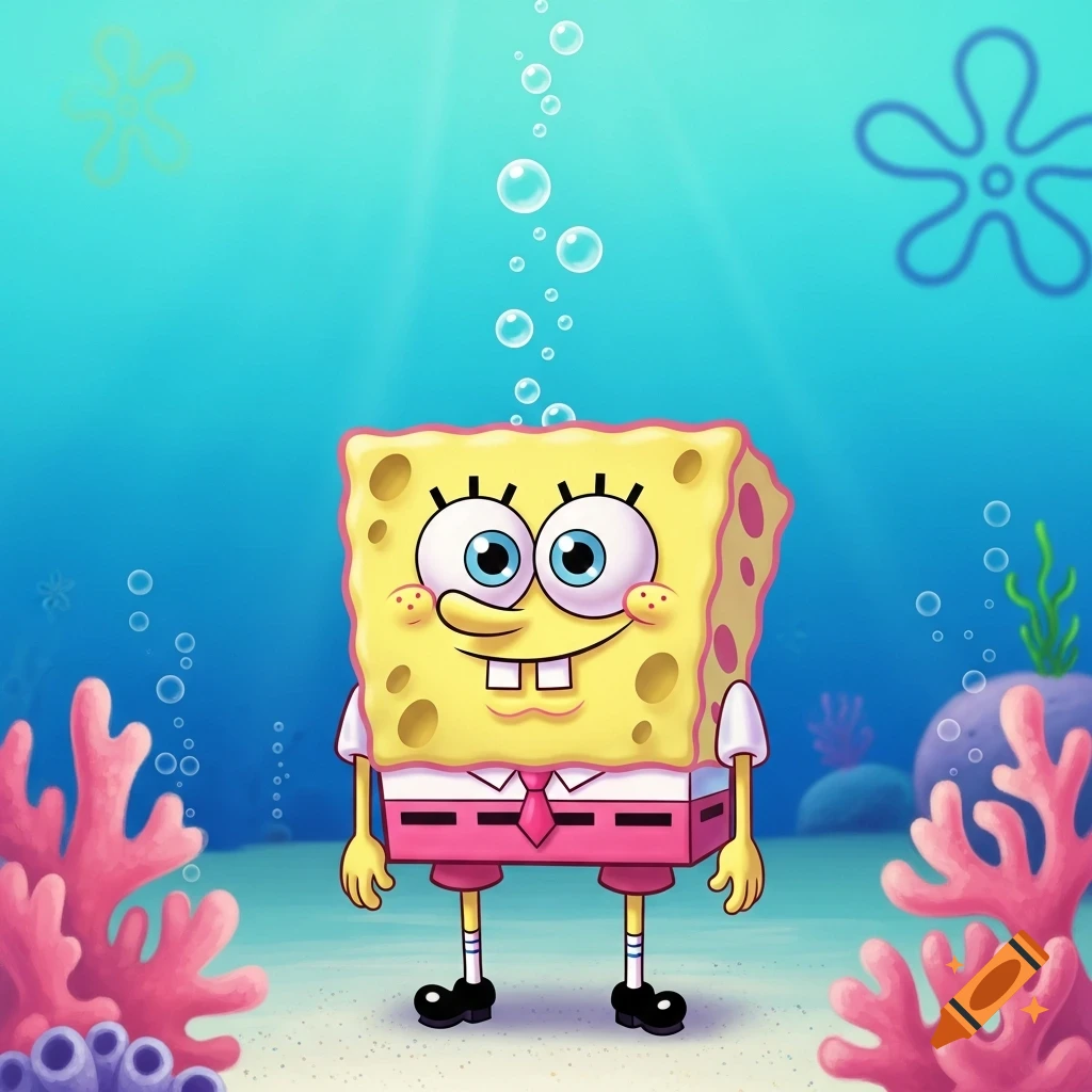 Cartoon Spongebob Squarepants with a pink and red body, white shirt, and pink tie, smiling underwater among coral.