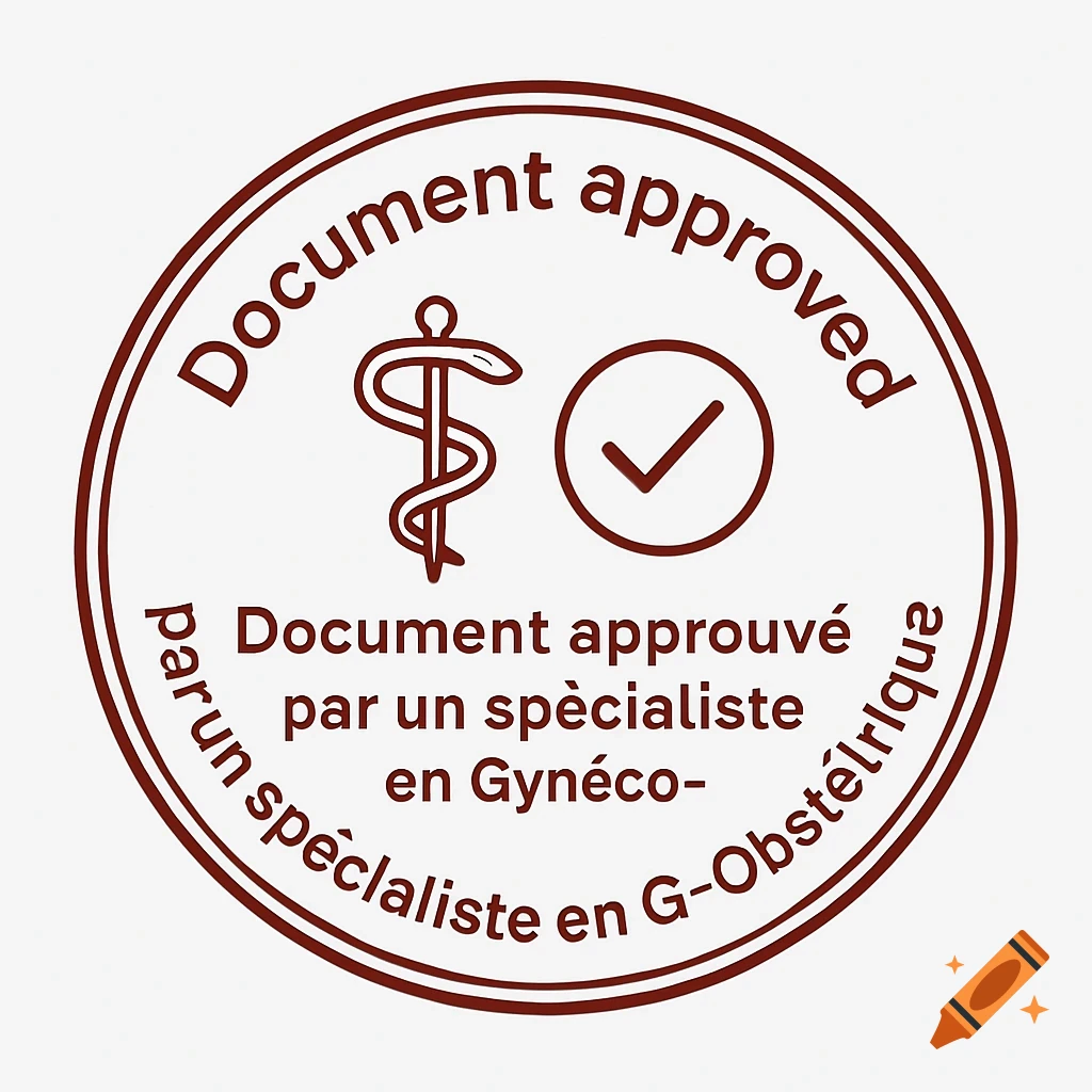 Circular red medical approval stamp with 'Document approved' in English and French, a Rod of Asclepius, and a checkmark.