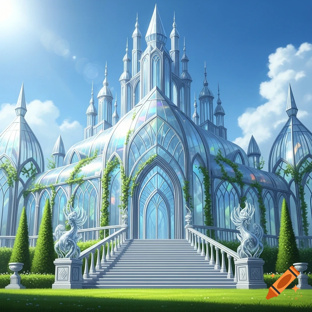 A magnificent crystal glass castle with spires, green vines, and a grand staircase under a bright blue sky.
