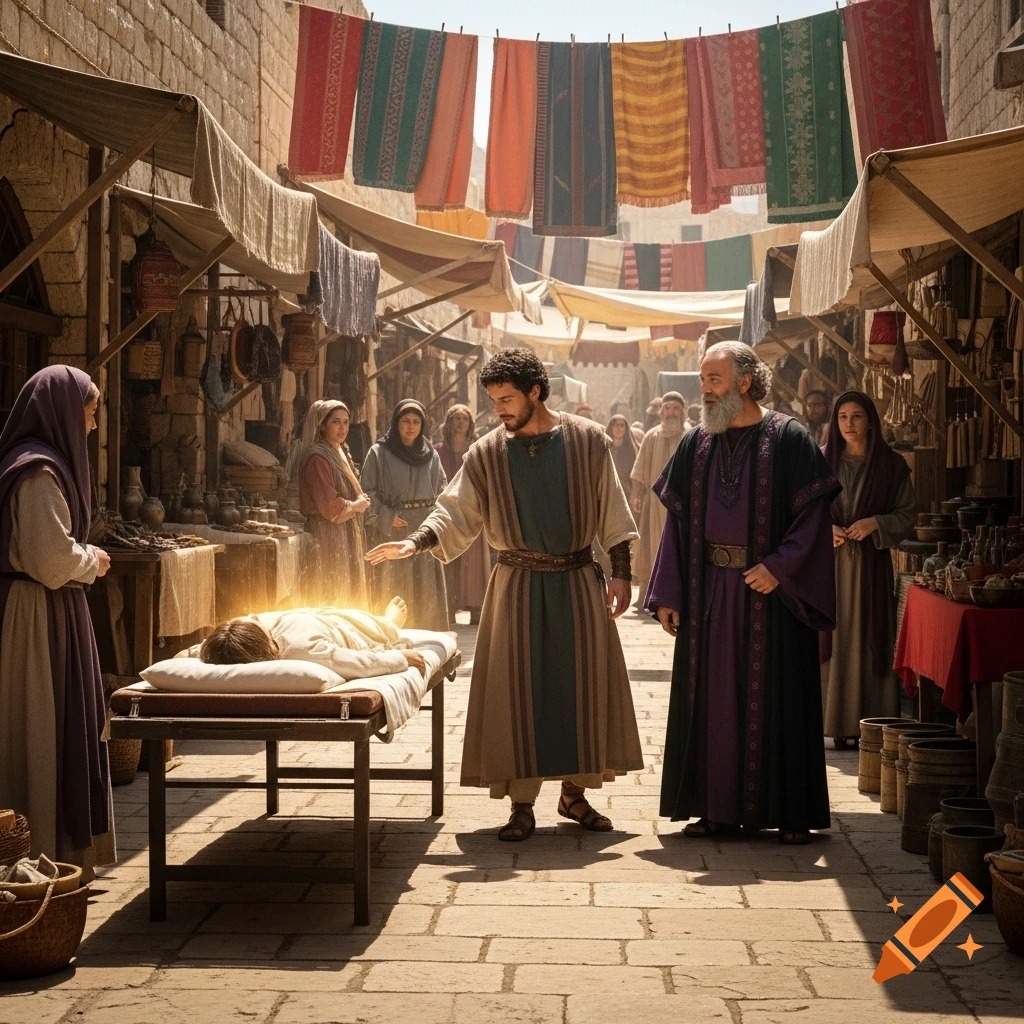 A man in ancient robes reaches out to a glowing figure on a stretcher in a bustling marketplace, while others watch.