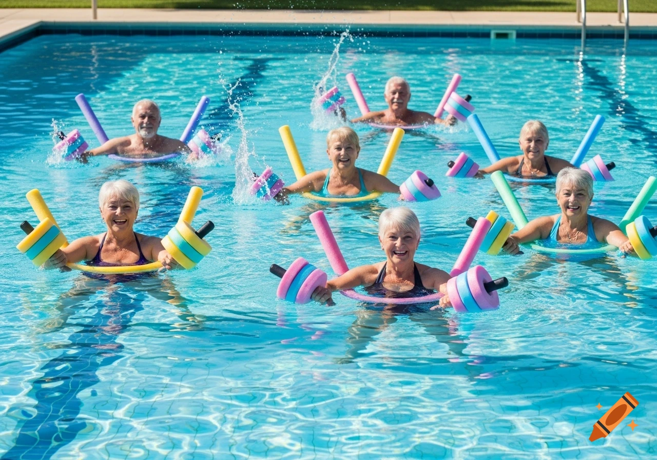 Group of smiling seniors doing water aerobics with colorful floatation devices and water dumbbells in a bright pool.
