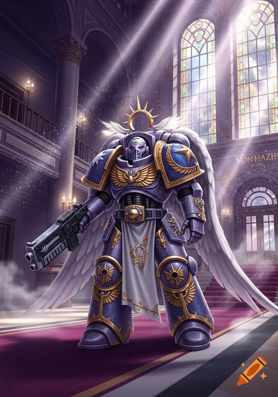 An armored Space Marine with large white wings and a halo stands with a rifle in a grand, sunlit hotel lobby.