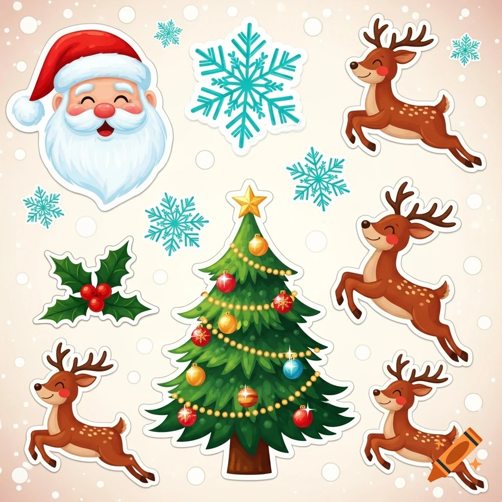 Cartoon Christmas stickers featuring Santa's head, jumping reindeer, a decorated tree, holly, and snowflakes on a light background.