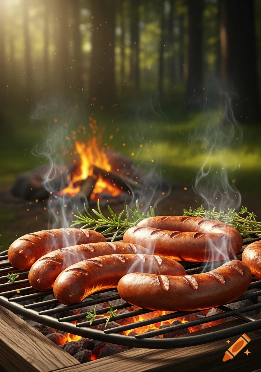 Photorealistic image of multiple steaming sausages cooking on a barbecue grill, with hot coals, a campfire, and a blurred forest in the background.