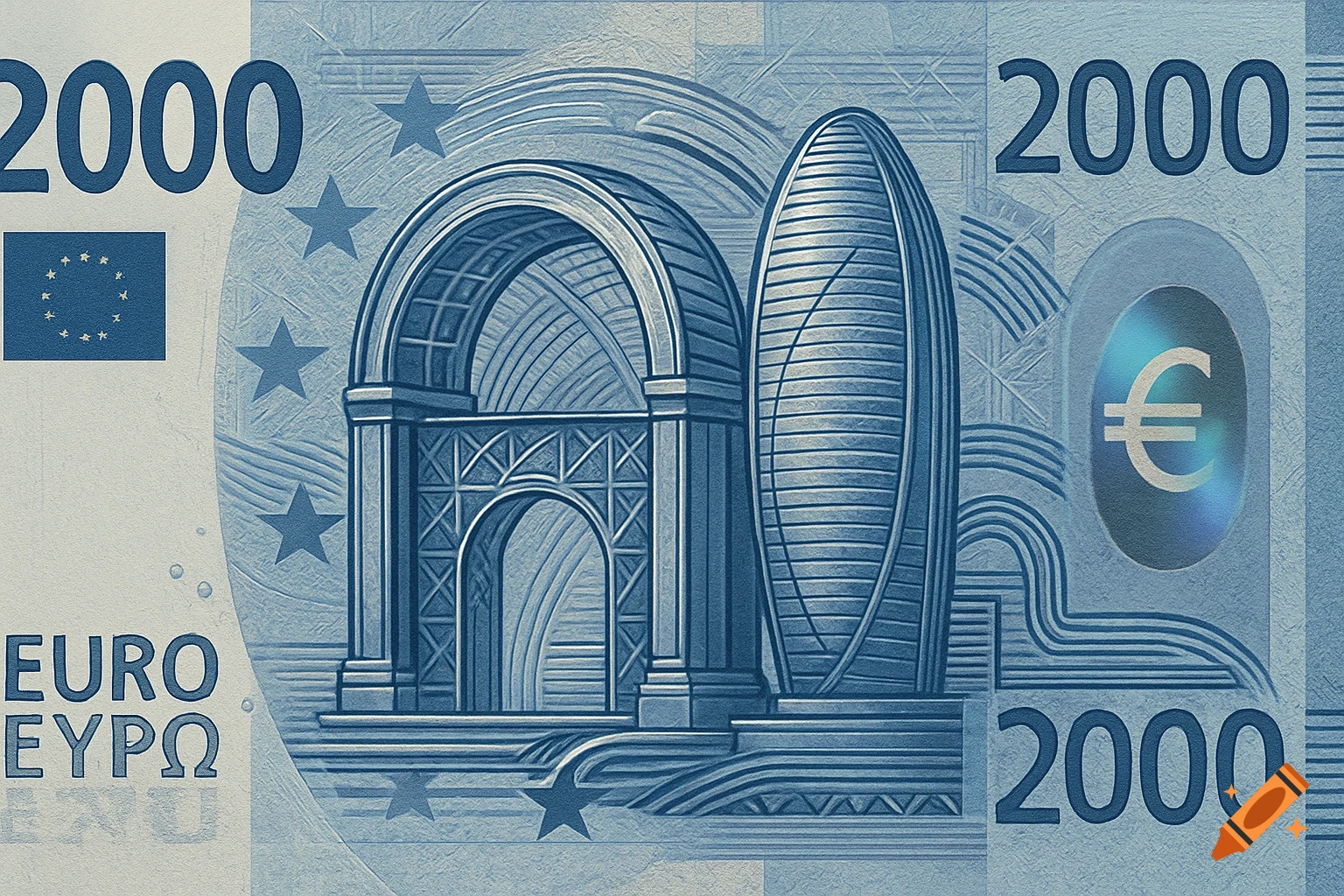 A stylized blue and white 2000 Euro banknote design featuring architectural structures, the number 2000, and the Euro symbol.