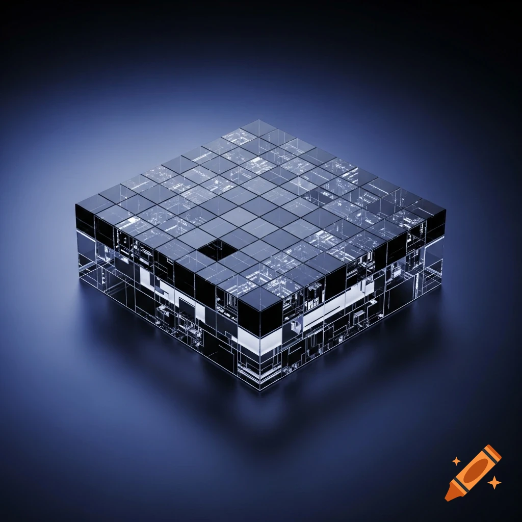 A 3D render of a translucent glass and dark panel cube, showing internal grid-like structures, on a dark reflective surface.
