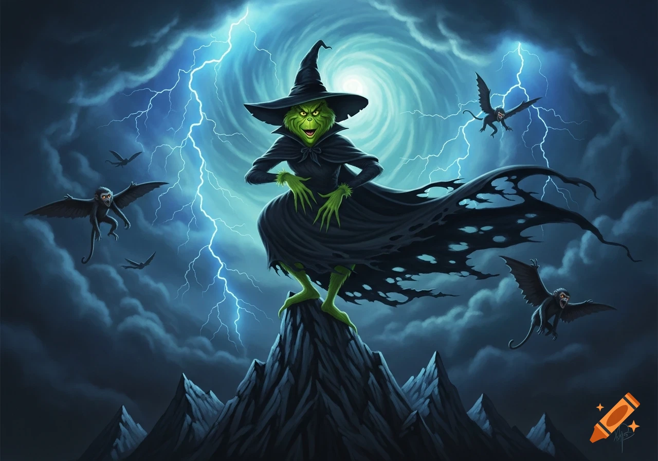 A Grinch-like Wicked Witch of the West stands menacingly on a mountain peak under a stormy, lightning-filled sky with flying monkeys.